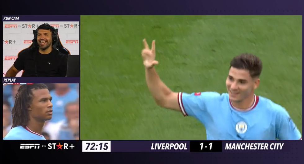 La peculiar reacción de Sergio Agüero al primer gol de Julián Álvarez con Manchester City