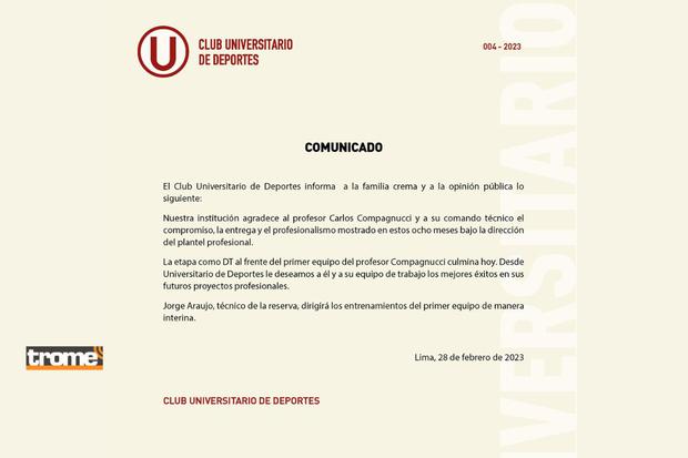 Cuadro crema oficializó la salida del DT argentino (@universitario)