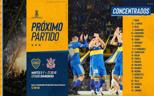 Boca Juniors announced list of called up players to face Corinthians.