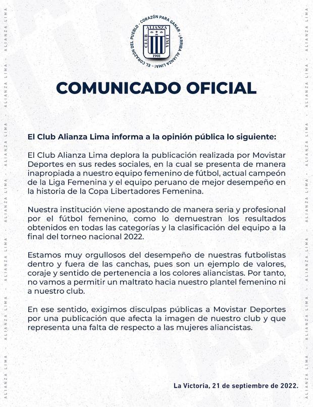 Alianza Lima y su airado reclamo contra Movistar Deportes. Foto: Captura.