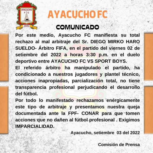 Ayacucho FC. acusó a Diego Haro de haberlos perjudicado en partido ante Sport Boys. Foto: Captura.