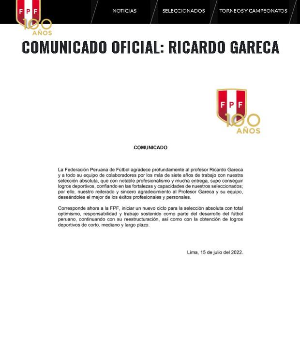 Comunicado de la FPF sobre la salida de Ricardo Gareca de la selección peruana.