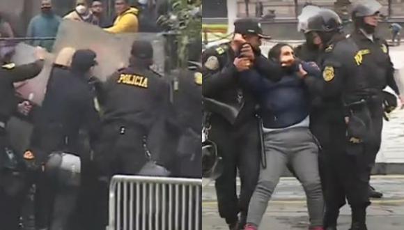 Un grupo de trabajadores de limpieza de la Municipalidad de Lima protestaron en la Plaza Mayor de Lima y fueron retirados por personal policial. (Captura: Canal N)