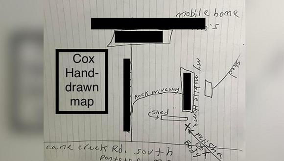 Este mapa fue entregado a las autoridades para ubicar a Felicia Cox. (Foto: Fiscalía del Primer Circuito de Mississippi)