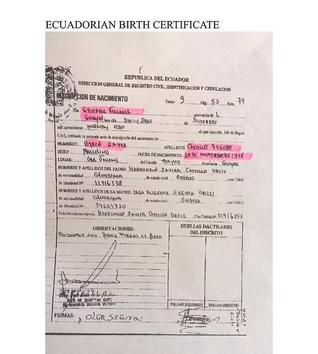 Certificado de nacimiento en Ecuador. (Foto: Daily Mail)