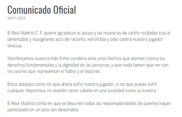 Comunicado del Real Madrid criticando ataque racista contra Vinicius Junior.