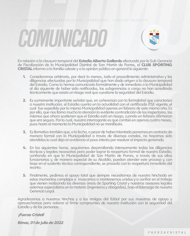 El comunicado de Sporting Cristal por el estadio Alberto Gallardo. (Foto: Sporting Cristal)
