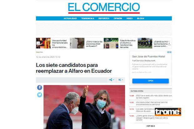 Prensa de Ecuador confirmo que Ricardo Gareca lidera lista de candidatos (El Comercio de Ecuador)