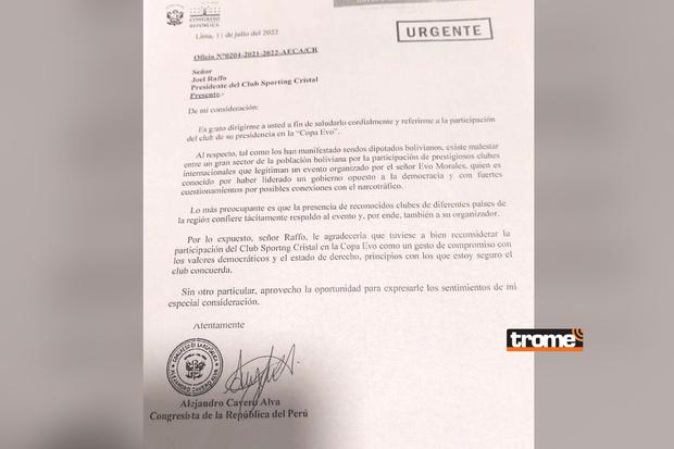 Alejandro Cavero envía carta al presidente de Sporting Cristal