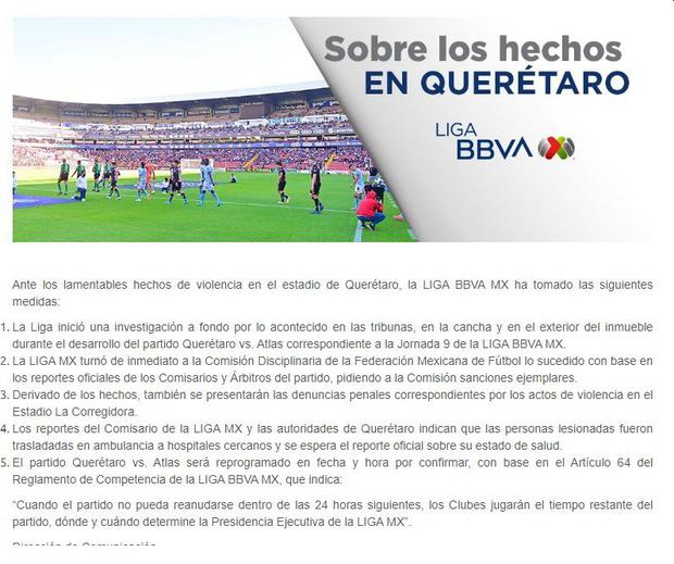 El comunicado de la Liga MX tras los hechos en La Corregidora.