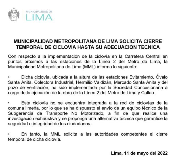 Comunicado de la Municipalidad de Lima sobre ciclovía en la Carretera Central.