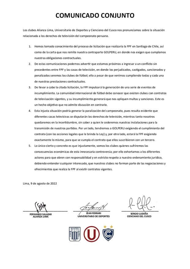 El comunicado de Universitario de Deportes, Alianza Lima y Cienciano por la licitación de los derechos de TV. (Foto: Twitter)