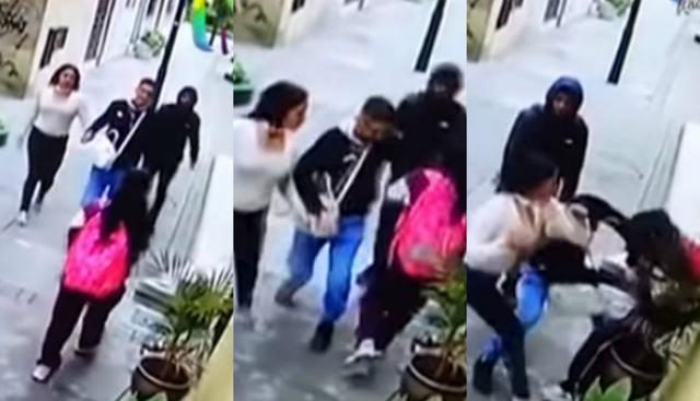 El preciso momento en el que tres ladrones interceptan a niñita y la golpean para robarle su celular. Foto: Captura de Buenos Días Perú