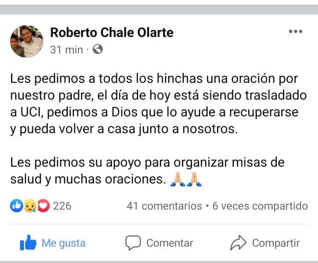 Familiares de Roberto Chale han pedido mantener al exjugador de la selección peruana en sus oraciones. Foto: Captura.