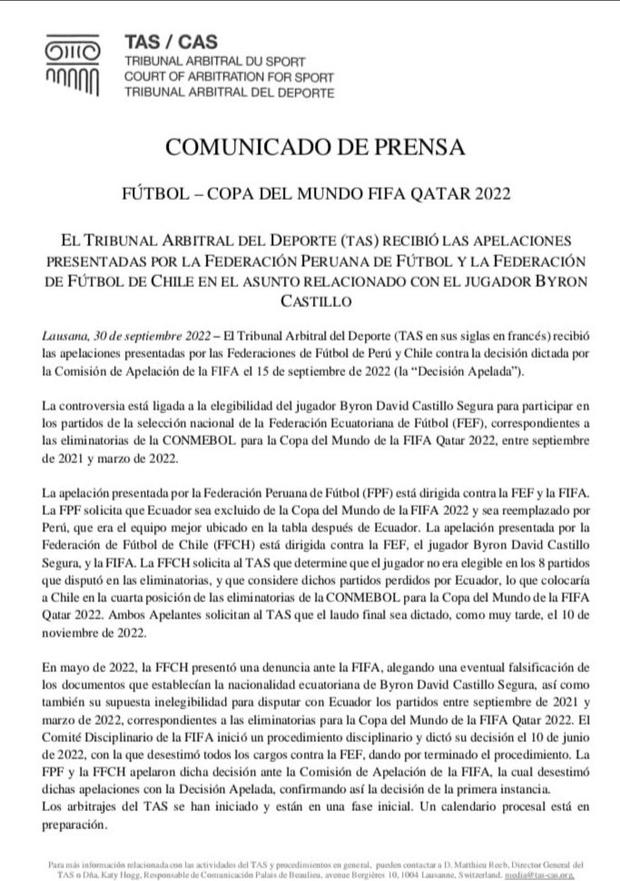 TAS informa sobre el pedido de apelación de Chile y Perú sobre caso de Byron Castillo.