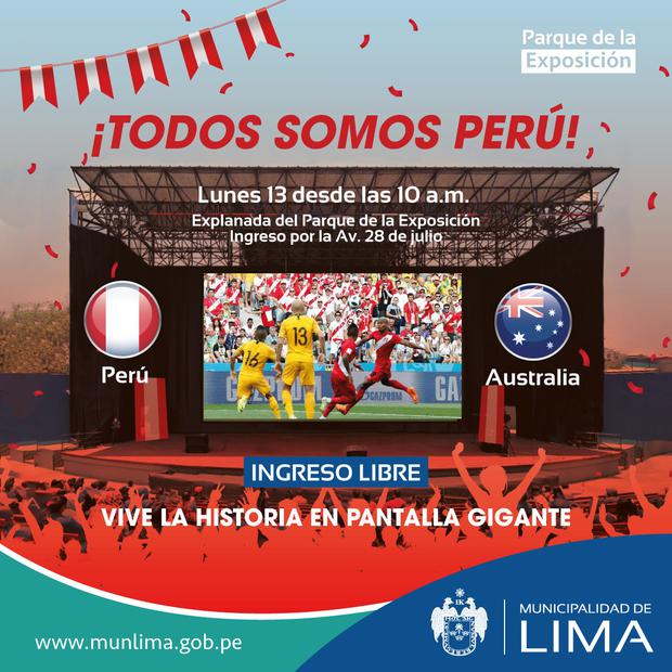 Perú vs. Australia se transmitirá en una pantalla gigante en el Parque de la Exposición.