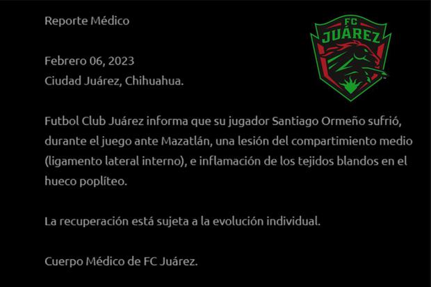 Juárez FC compartió informe médico de Ormeño  (Foto: @fcjuarezoficial)
