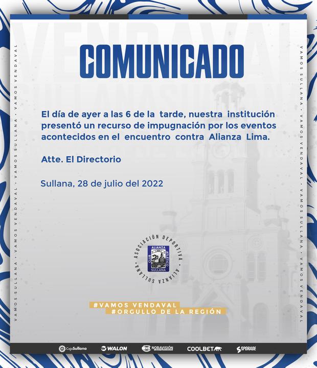 Comunicado de Alianza Atlético tras los incidentes en el partido ante Alianza Lima.