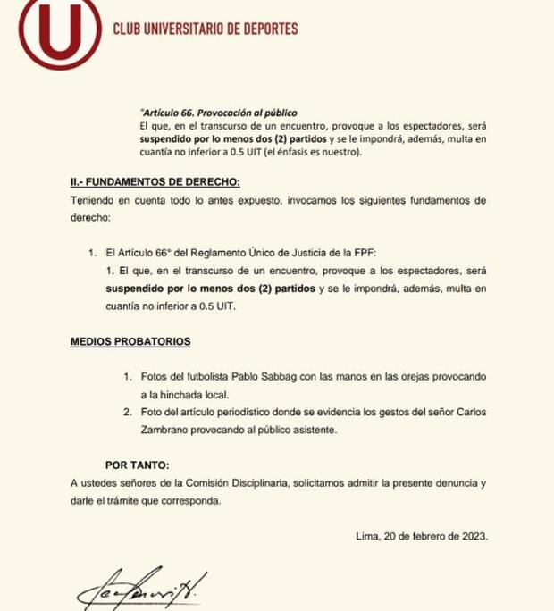 La denuncia de Universitario presentada ante la Comisión de Disciplina de FPF.