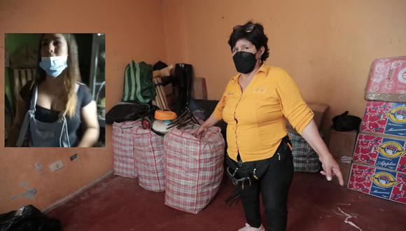 Doña Lola muestra la mercadería, de propiedad de uno de sus inquilinos, que la mujer (en el recuadro) planeaba llevarse en un descuido. | Foto: Jesús Saucedo