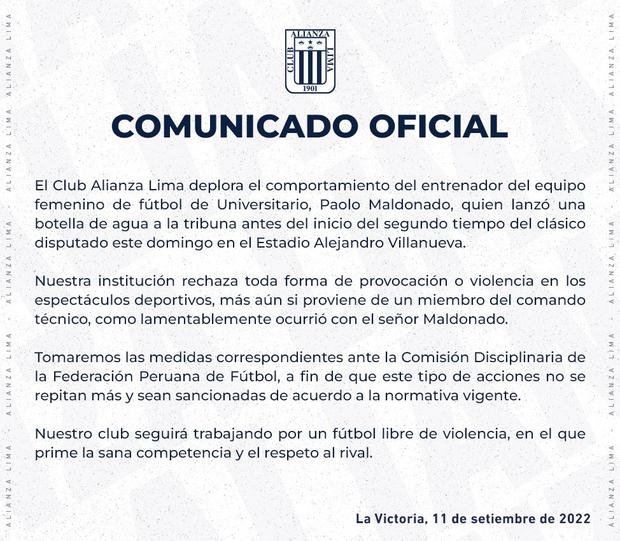 Alianza Lima envió comunicado respecto a la reacción de Paolo Maldonado, DT del equipo femenino de Universitario.