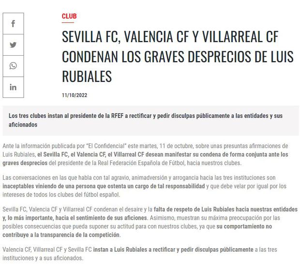 Sevilla, Valencia y Villarreal envían comunicado respecto a Luis Rubiales.