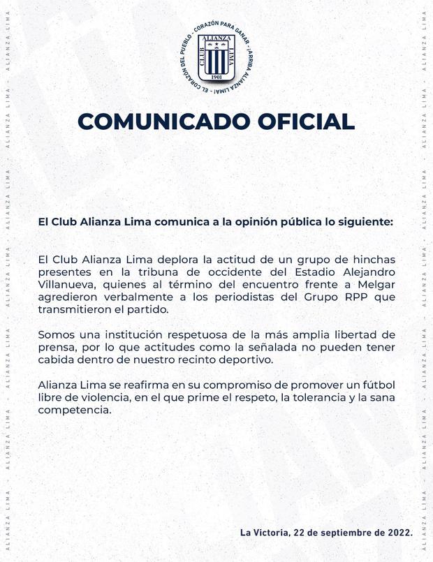 Alianza Lima emitió comunicado sobre el accionar se sus hinchas frente a periodistas.