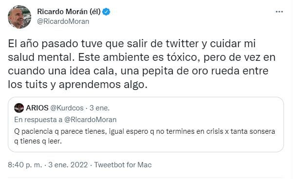 Ricardo Morán and his response to a user on Twitter.  (Photo: Capture)