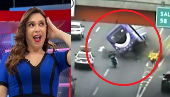 Los periodistas Verónica Linares y Federico Salazar vieron el video de la volcadura del bus y quedaron sorprendidos por cómo un motociclista sale caminando. (Foto: @veronicalinaresc/América TV).