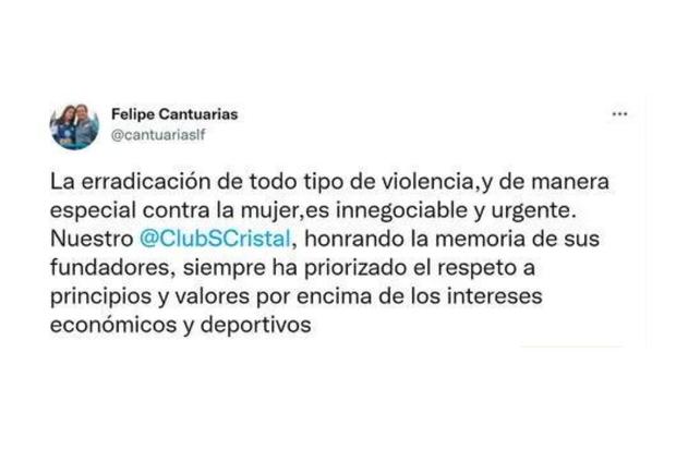 Felipe Cantuarias pidió a Sporting Cristal dar ejemplo ante este nuevo caso de violencia contra la mujer  (@Twitter)