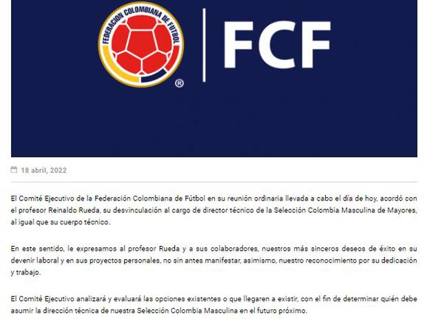 El comunicado de la Federación Colombiana de Fútbol.