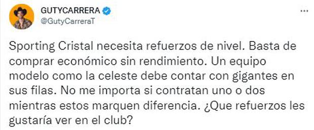 La publicación de Guty Carrera en Twitter.