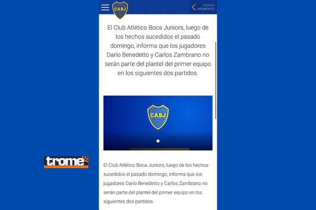 Boca Juniors envía comunicado sobre sanción de Carlos Zambrano y Darío Benedetto  (@bocajrsoficial)