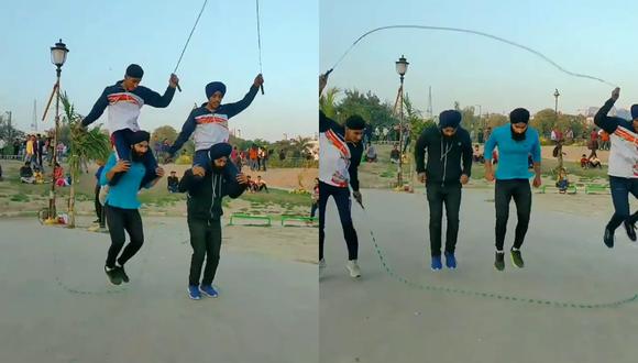 Un video viral muestra la insólita acrobacia de cuatro amigos mientras saltaban la cuerda. | Crédito: zorawarsingh99 / Instagram.