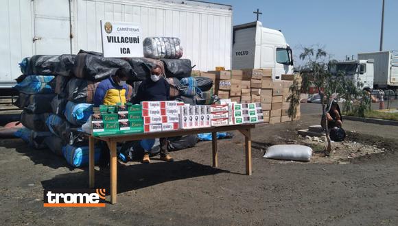 Policías de la Unidad de Protección de Carreteras de Ica, decomisaron millonaria carga de cigarros y ropa usada.