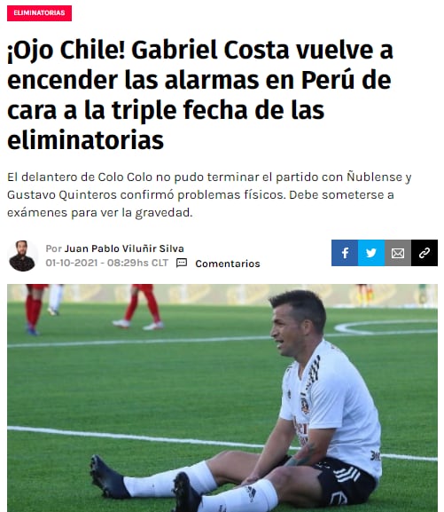 Gabriel Costa alarma a hinchas de Colo Colo y de la selección peruana. Foto. Captura Redgol.