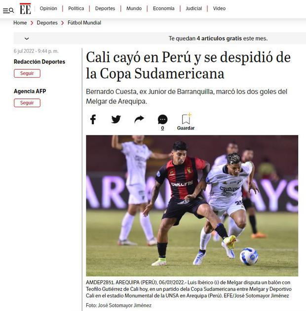 Así informó El Espectador acerca del Melgar vs Deportivo Cali.
