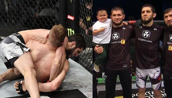 Islam Makhachev celebra al lado de Khabib Nurmagomedov y el pequeño Hasbullah Magomedov. (Instagram UFC/Captura TV)