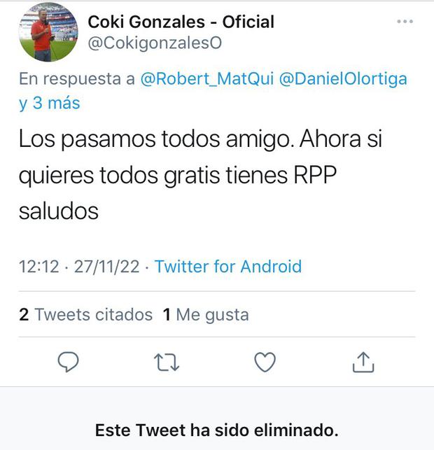 Coki Gonzales le responde a usuarios que critican a Latina Televisión por no transmitir todos los partidos del Mundial Qatar 2022. (@CokigonzalesO).