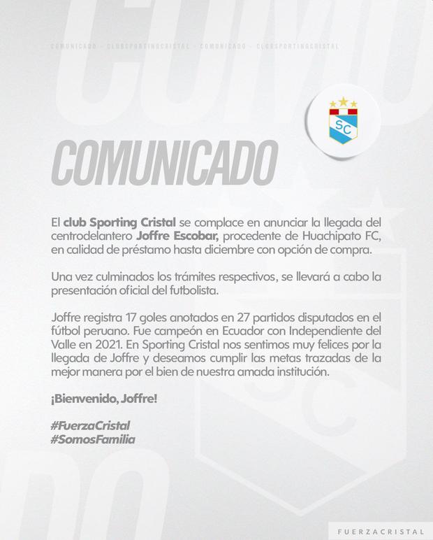 El comunicado de Sporting Cristal sobre Joffre Escobar.