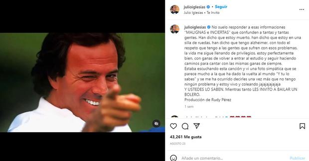 A través de Instagram, el cantautor ha aclarado cuál es su real estado de salud (Foto: Julio Iglesias / Captura de Instagram)