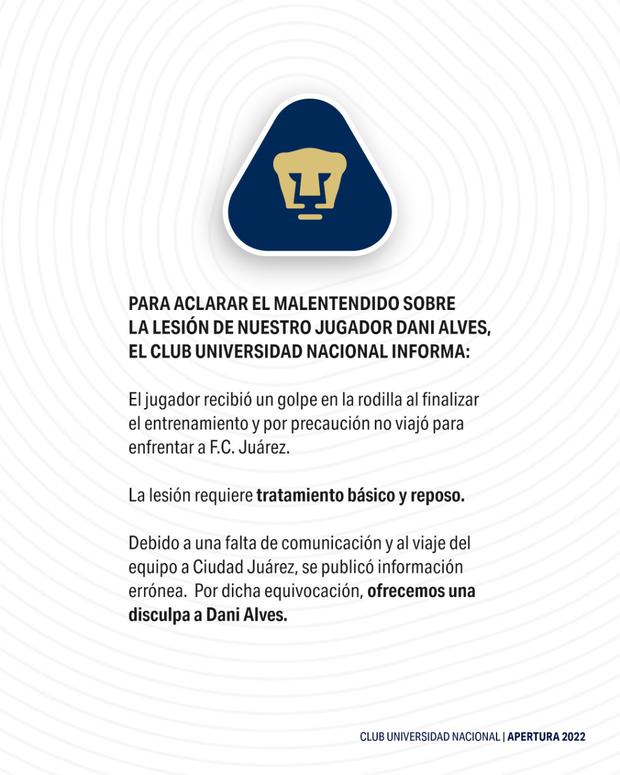 Pumas UNAM se rectifica sobre el informe de la lesión de Dani Alves.