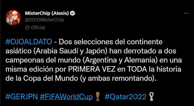 Dato histórico de las derrotas de Argentina y Alemania ante Arabia Saudita y Japón, respectivamente. (Foto: Twitter)