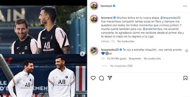 El mensaje de despedida de Lionel Messi a Leandro Paredes. (Foto: Instagram)