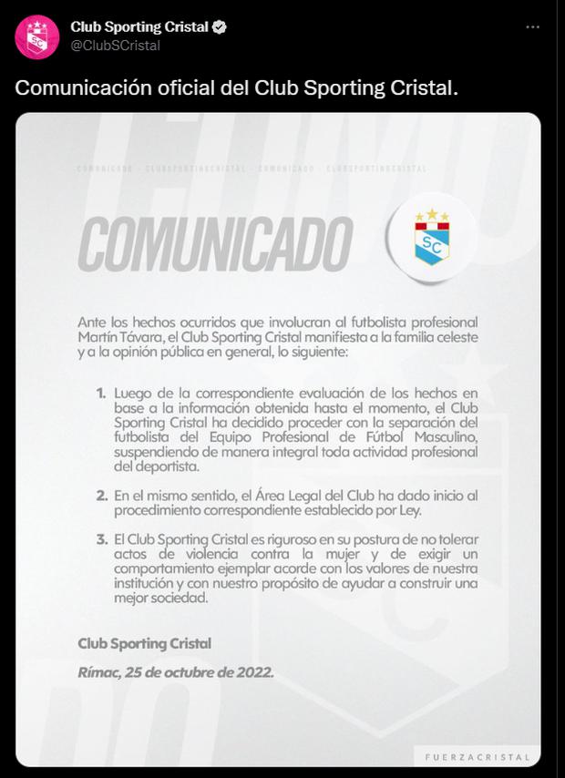 El club rimense emitió un comunicado donde anuncia la separación de Távara del equipo.