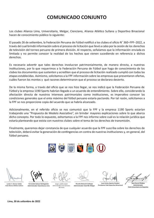 El comunicado conjunto de varios clubes de Liga 1 en respuesta a la FPF.