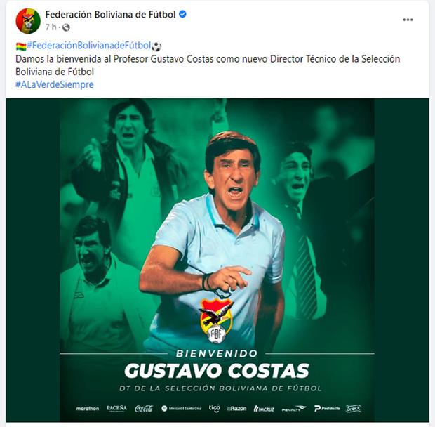 La Federación Boliviana de Fútbol confirmó a Gustavo Costas mediante las redes sociales.