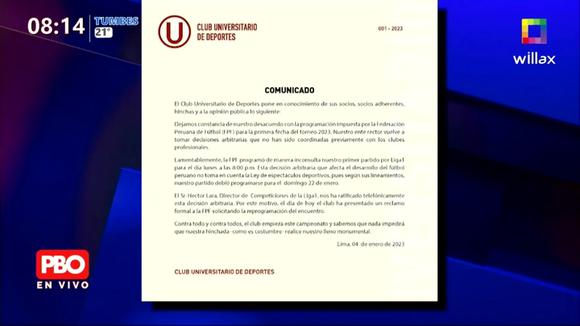 Universitario manifiesta inconformidad por programación de Liga1 (PBO)