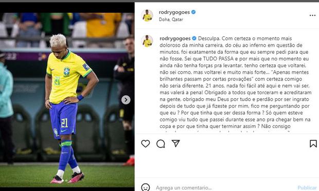 La publicación de Rodrygo Goes en Instagram tras la eliminación de Brasil del Mundial.