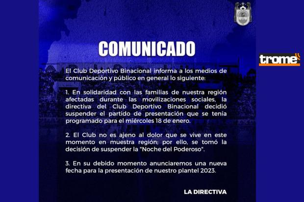 Comunicado de Deportivo BInacional da cuenta de suspensión de la 'Noche del Poderoso' (@binacionalfc)